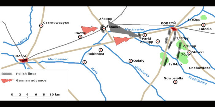 Mapa przedstawiająca działania podczas bitwy pod Kobryniem