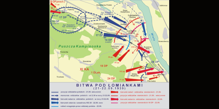 Mapa przedstawiająca działania w bitwie pod Łomiankami