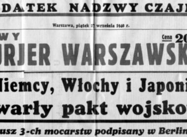 Pierwsza strona dodatku nadzwyczajnego Nowego Kuriera Warszawskiego z 27 września 1940 informująca o podpisaniu w Berlinie paktu trzech