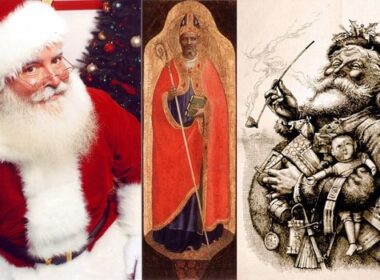 św. Mikołaj z Myry po środku, współczesny i XIX-wieczny wizerunek świętego Mikołaja, źródło zdjęć Wikimedia Commons