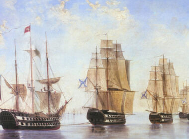 obraz Aleksey’a Bogolybova przedstawia bitwę morską pod Athos 19 czerwca 1807