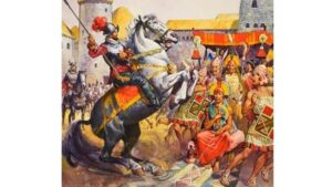 Bitwa pod Cajamarca. Obraz przedstawiający hiszpańskiego żołnierza na koniu