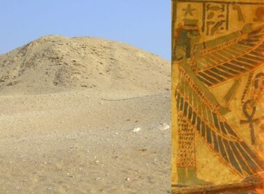 Pozostałości piramidy w Sakkarze i wizerunek bogini Neith. Źródło zdjęć Wikimedia Commons