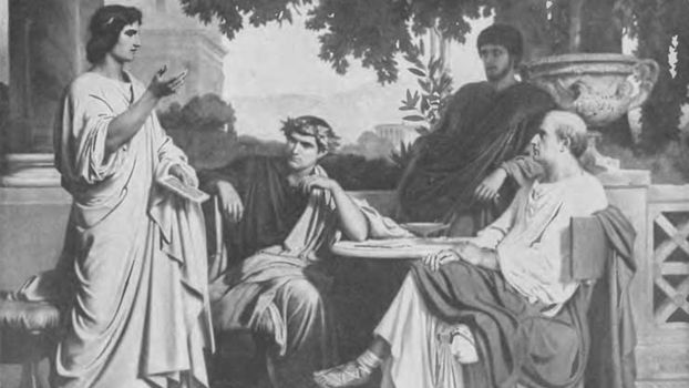 Wergiliusz, Horacy, Wariusz i Mecenas. Charles François Jalabert, ilustracja z około roku 1846